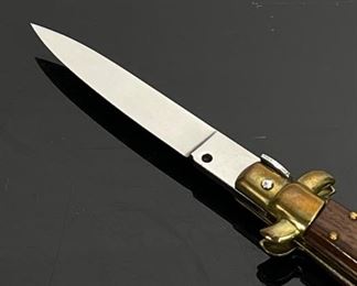 C. JUL Herbertz Picklock Vintage Italian Stiletto Switchblade Knife 8” Olive Wood Handle Bolster Release	Open Length: 8 1/8”