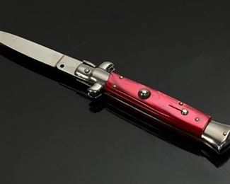 8” Italian Stiletto Switchblade Auto/Automatic Rostfrei RED Brass liner	Open Length: 8 1/8”