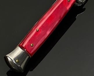 8” Italian Stiletto Switchblade Auto/Automatic Rostfrei RED Brass liner	Open Length: 8 1/8”