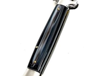 8” Italian Stiletto Switchblade Auto/Automatic Rostfrei Black Brass liner	Open Length: 8 1/8”