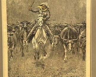Frederic Remington American Heritage Hand Colored Lithograph Litho Cowboy Cattle	16.75x14in	