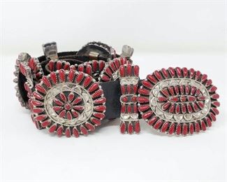 435	

Native American Sterling Silver Concha Belt With Coral Stones
Measures Approx 36"