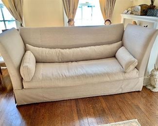 $950 - Silk-linen Lee "shelter" sofa with down seating and pillows - 42" H, 90" W, 37" D (seat at 18" H)