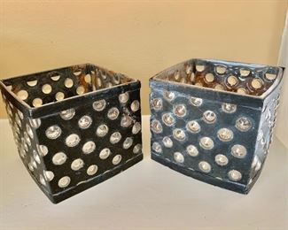 $80 - Pair of square, metal/art glass containers - 4.5" H, 5" W, 5 D 