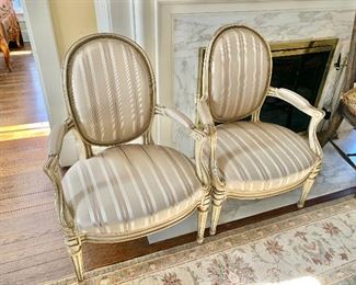$600 - Pair of Louis XV style oval back armchairs with custom upholstery - 36" H, 25" W, 20" D (seat at 16" H)