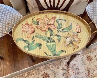 $50 - Floral metal tray with handles - 27" x 17", 1.5" high