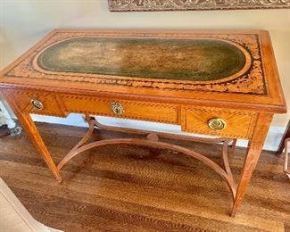 $1,200 - Antique, inlay, leather top desk - 30" H, 43" W, 20.5" D.