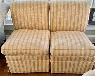$395 - Pair of roll back slipper chairs with custom upholstery with pleated skirt - Each 36" H, 25" W, 27" D (seat at 21" H)