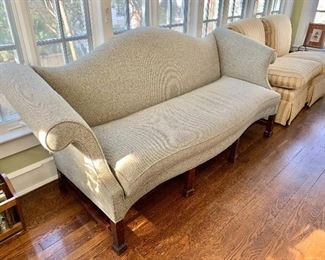 $550 - Linen, custom upholstered, camel back sofa - 83" W, 37" H, 32" D (seat at 18" H)