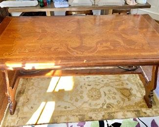 $2,400 -Made in Italy -  Inlay, extension dining table/table/desk with large drawer and iron  accents- 2 leaves available.  Top lifts up to store leaves. 30.5 " H, 67" L, 33" D.   