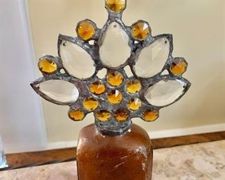 $35 - Vintage bottle with art glass top - 9" H, 5" W, 1.5" D. 