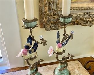 $150 - Pair of metal candle holders with birds and flowers - 13" H, 5.5" W, base 4" diam.