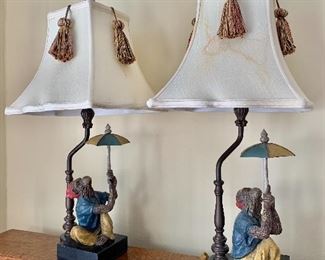 $495 - Pair of Chelsea House monkey lamps.  Each 23" H.  Base 4" W x 5.5" D. - stain on right lamp shade
