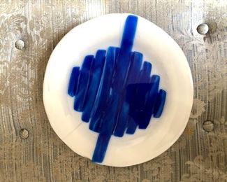 $35 MCM Mod blue and white glass dish.  9" diam. 
