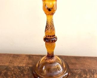 $30 Amber glass candlestick. 8" H, base 4.5" diam.  