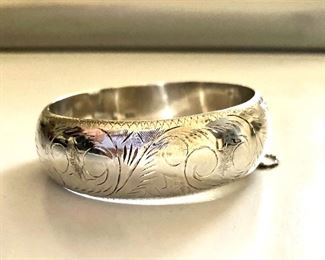 $50 Wide sterling silver etched bangle.  0.8"H; 2.5" diam