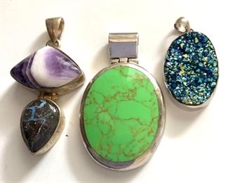 $50 each Sterling silver pendants.  2 largest: 2"L; small: 1.5"L Green pendant SOLD 