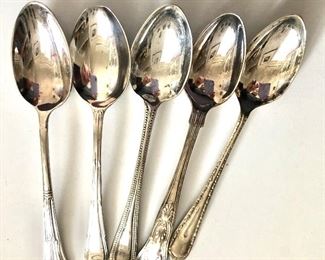 $15 5 spoons silver-tone different designs.  Each: 4.2"L; 1"W