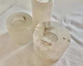 $40 - Three selenite candleholders.  Left: 2.75" H, 3" diam.  Rear: 4.5" H, 2.5" diam.  Right: 3" H, 3.5" diam.