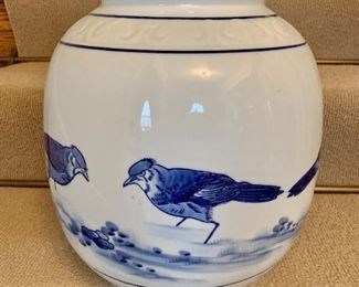 $120 Blue and white vase with bird design.  12" H, 10.5" diam. 