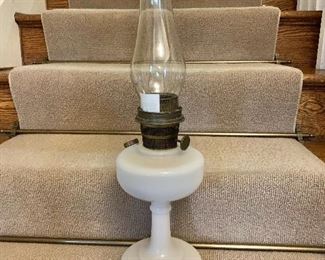 $45 - Vintage milk glass oil lamp  22" H, 6" diam. 
