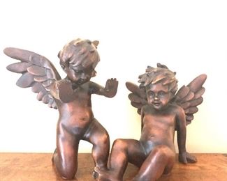 $25 - Pair signed "Baroque" angels.  Left:  6.25" H, 5.5" W, 7" D.  Right: 5.25" H, 6.5" W, 8" D. 