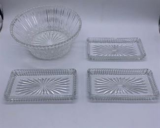 Glass bowl and 3 butter dishes