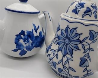 TWO BLUE WHITE TEAPOTS