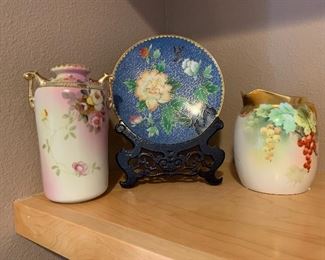 Cloisonne plate,  porcelain vase & picther