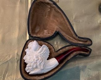Antique Meerschaum Pipe Hand Carved  Face Very Detailed w/ Original Case