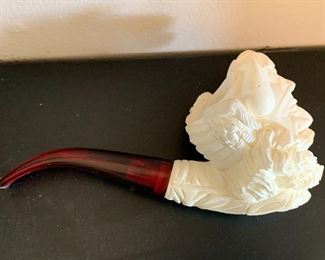 Antique Meerschaum Pipe Hand Carved Face Very Detailed w/ Original Case