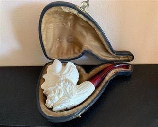 Antique Meerschaum Pipe Hand Carved Face Very Detailed w/ Original Case