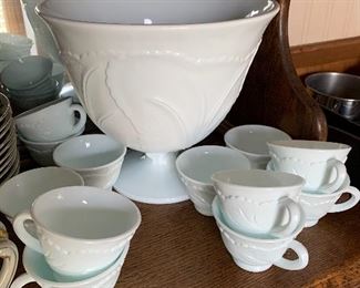 Vintage Milk Glass punch bowl and cups