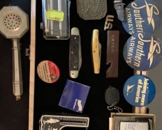 Sterling bombard wings, 1920's airplane microphone  Airline memorabilia, vintage pocket knifes 