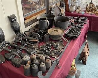 Still finding more cast iron - muffin pans, fireplace end irons owls with glass eyes 