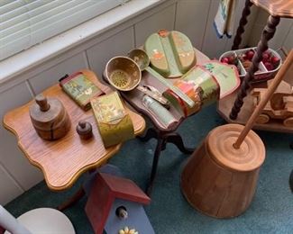 Primitives cloth wringer, butter molds and churn 