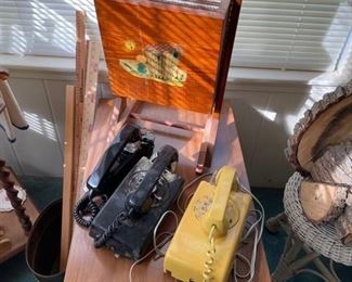 Vintage rotary phones - yellow, black and a nice space saver black phone 