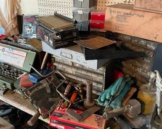 Metal hardware storage drawers - toolbox full of Craftsman tools - other Craftsman items - air tools 