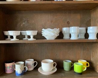 Milk Glass and Assorted Ceramic Mugs