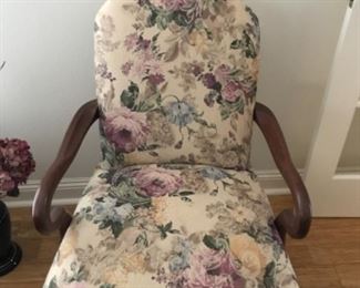 Two of two open arm floral side chair $200