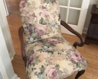 One of two open arm side chair, floral $200