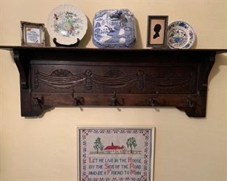  Manor Enter way ornate wood hat and coat rack - Cross Stitched Samplers and Hand-sewn words of Wisdom