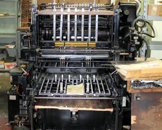 Original Heidelberg Cylinder Printing Press, 21" x 28" Max Sheet Size, Includes Wood Furniture And Dollies, Approx. Measurements 72" x 72" x 120"