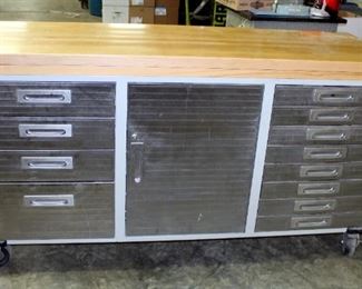 Seville Classics 12-Drawer Rolling Workbench With Center Storage And Solid Wood Top, 38" x 72" x 20", Includes Keys, With Additional Wood Top