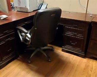 Five-Drawer L-Shaped Executive Desk 31" x 67" x 76", Matching Two-Drawer File Cabinet, And Adjustable Barca Lounger Rolling Office Chair
