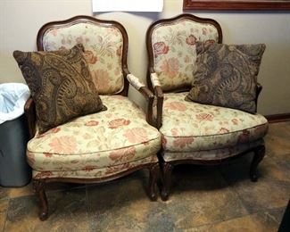 Solid Wood Upholstered Accent Chairs With Padded Arm Rests And Carved Trim, Qty 2, 38.5" x 27" x 23"