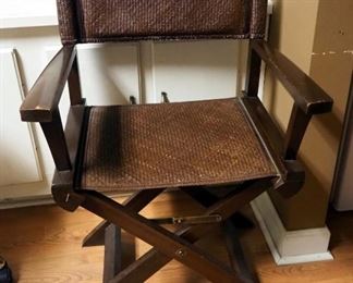 Adjustable Rolling Stool And Wood Folding Chair With Woven Seat And Back