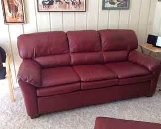 Red Leather sofa & matching Chair with ottoman