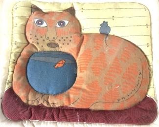 Hand Sewn Quilted Folk Art Cat Oven Mitt,Framed
