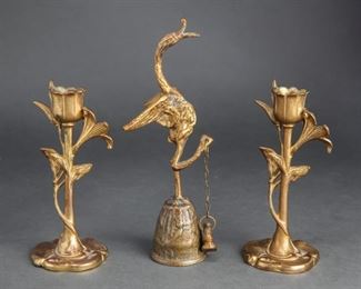 Art Nouveau Style Candle Holders & Bird Bell, 3
